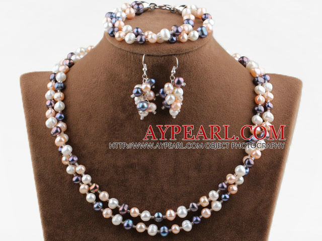 Dubbla rader Tre färg Freshwater Pearl Set (Halsband Armband och matchade Örhängen)