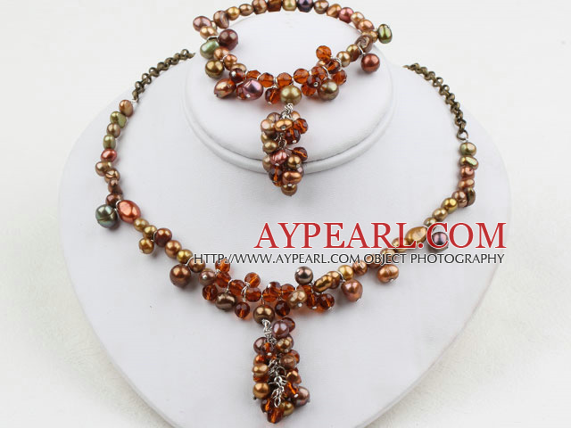 Brown Series Brown Freshwater Pearl Crystal Set ( Necklace and Matched Bracelet )