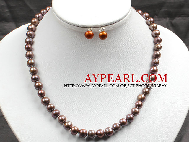 8-9mm Kaffe Color Pearl Necklace og matchet Studs øredobber Sets