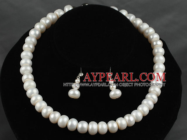 12mm Abacus Shape White Freshwater Pearl Beaded Set ( Necklace and Matched Earrings )