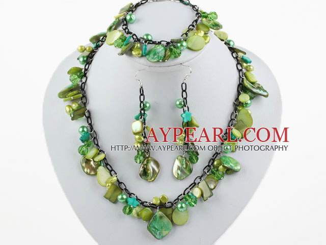 Πράσινο Σειρά Green Pearl Shell Set (κολιέ και βραχιόλι Συμφωνήθηκε σκουλαρίκια)