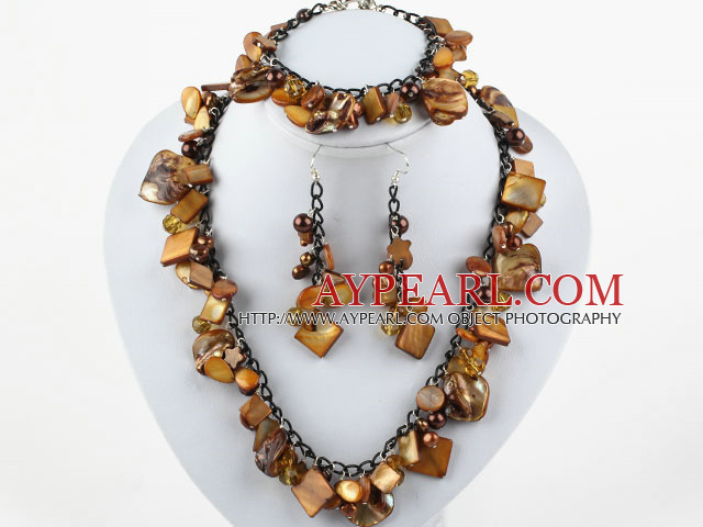 Brown Série Brown Pearl Shell Set (Bracelet Collier et boucles d'oreilles assortis)