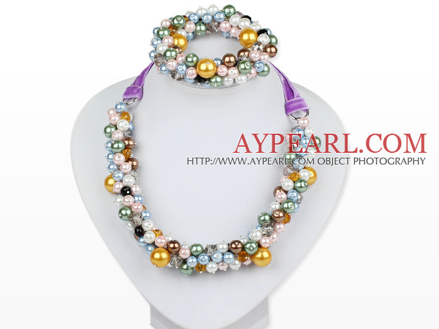 Assorted Multi Color Round Seashell and Crystal Beaded Set ( Necklace and Matched Stretch Bracelet )