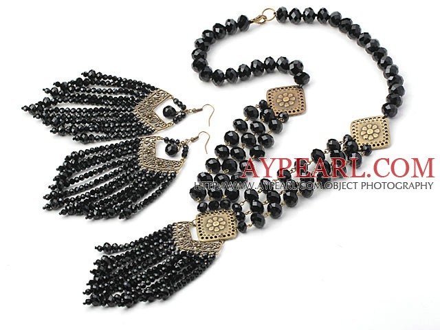 Vintage Style Set Noir Tassel cristal (Collier et boucles d'oreilles assortis)