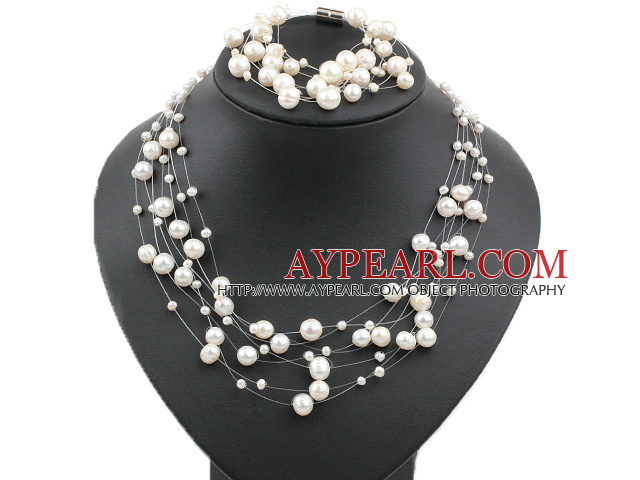 Multi Strands White Freshwater Pearl Set ( Necklace and Matched Bracelet )