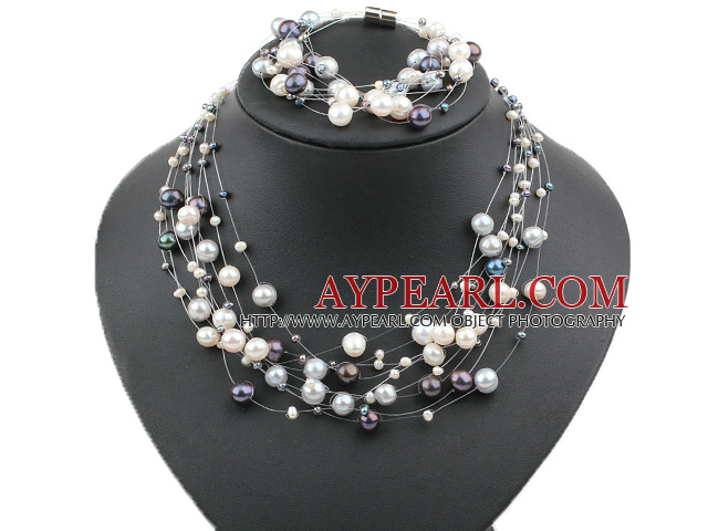 Natural White and Gray and Black Freshwater Pearl Set ( Necklace and Matched Bracelet )