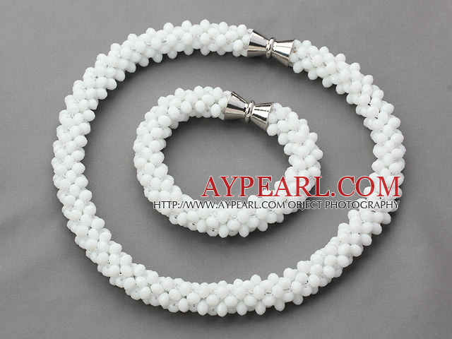 Hvit Series hvit Jade Tube Shape Woven Set (halskjede og matchet armbånd)