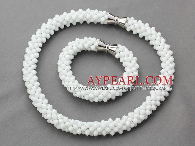 Vit Serie Vit Jade Tube Shape Woven Set (Halsband och matchade Armband)