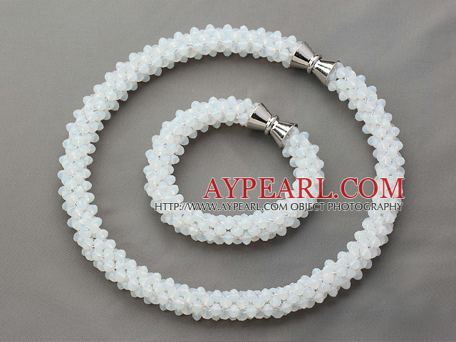 White Series White Opal Crystal Tube Shape Woven Set ( Necklace and Matched Bracelet)