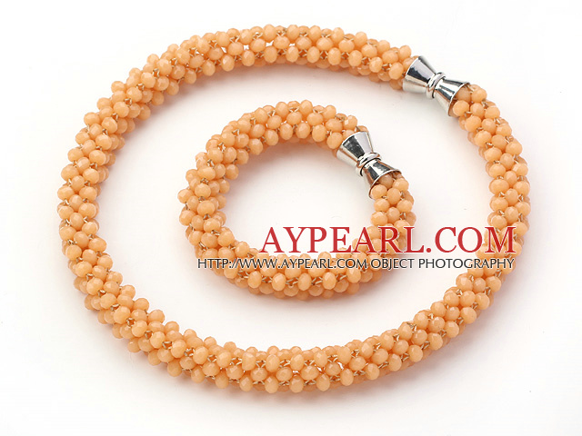 Light Orange Series Orange Jade Tube Shape Woven Set ( Necklace and Matched Bracelet)