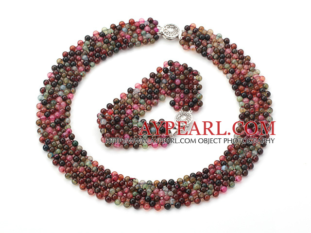 Wide Style Woven Multi Color Round Agate Set ( Necklace and Matched Bracelet )