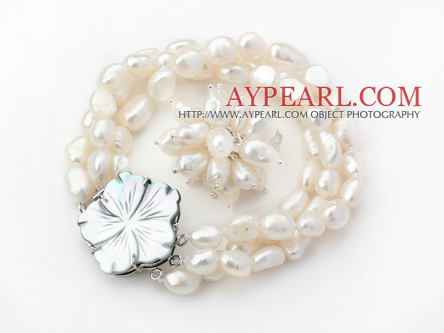 8-9mm hvit barokk Freshwater Pearl Set med Shell Flower Clasp (Strands armbånd og ring)