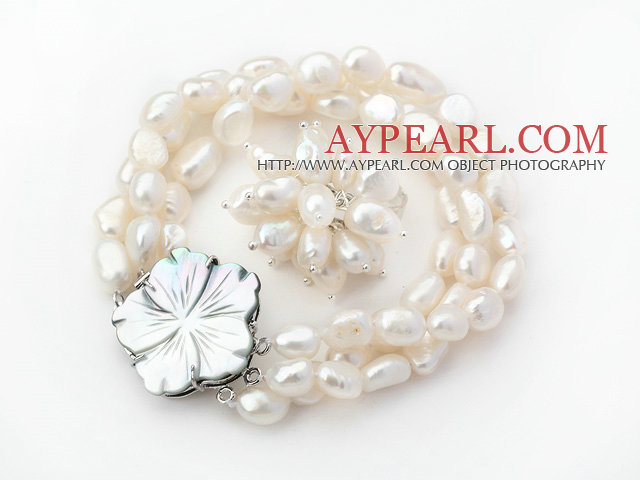 8-9mm baroque blanc perle d'eau douce avec Shell fleurissent l'agrafe (brins Bracelet et bague)