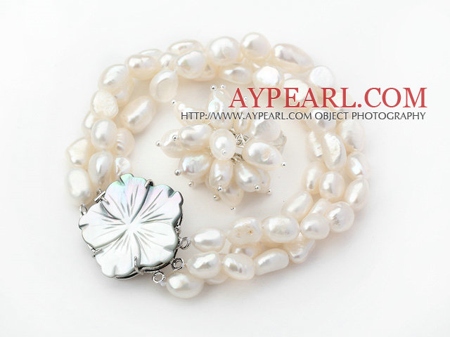 8-9mm White Pearl γλυκού νερού μπαρόκ Σετ με κούμπωμα κέλυφος λουλούδι (σκέλη βραχιόλι και δαχτυλίδι)