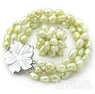 8-9mm Grass Green Baroque Freshwater Pearl Set with Shell Flower Clasp ( Strands Bracelet and Ring)