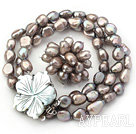 8-9mm Dark Gray Baroque Freshwater Pearl Set with Shell Flower Clasp ( Strands Bracelet and Ring)