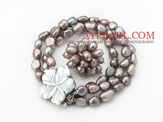 8-9mm Dark Gray Baroque Freshwater Pearl Set with Shell Flower Clasp ( Strands Bracelet and Ring)