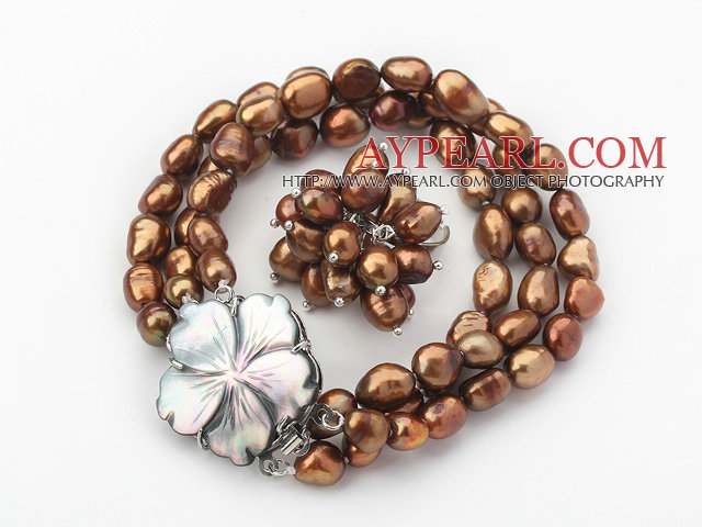 8-9mm Brown barokk Freshwater Pearl Set med Shell Flower Clasp (Strands armbånd og ring)