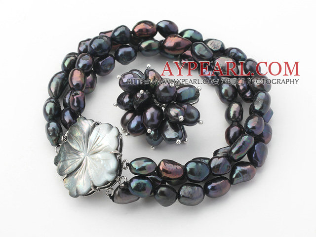8-9mm Black Baroque Freshwater Pearl Set with Shell Flower Clasp ( Strands Bracelet and Ring)