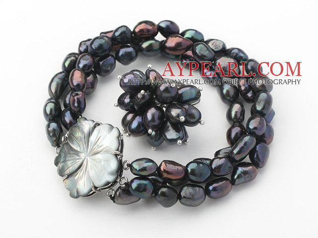 8-9mm Schwarz Barock Süßwasser-Zuchtperlen mit Shell Haken (Strands Armband und Ring) Set