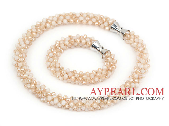 Gray and Baby Pink Series Gray Jade Tube Shape Woven Set ( Necklace and Matched Bracelet)