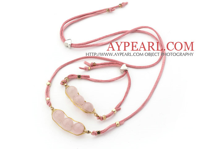 Pink Series Wire Wrapped Rose Quartz Pea Pendant Set with Pink Leather ( Necklace and Matched Bracelet)