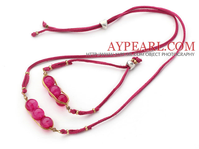 Rose Pink Series Wire Wrapped Rose Pink Agate Pea Pendant Set with Leather ( Necklace and Matched Bracelet)