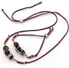 Lila Serie Wire Wrapped Purple Agate Pea Pendant Set med lila läder (Halsband och matchade Armband)