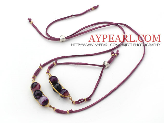 Purple Series Wire Wrapped Purple Agate Pea Pendant Set with Purple Leather ( Necklace and Matched Bracelet)