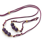 Lila Serie Wire Wrapped Amethyst Pea hängande uppsättning med Purple Leather (Halsband och matchade Armband)
