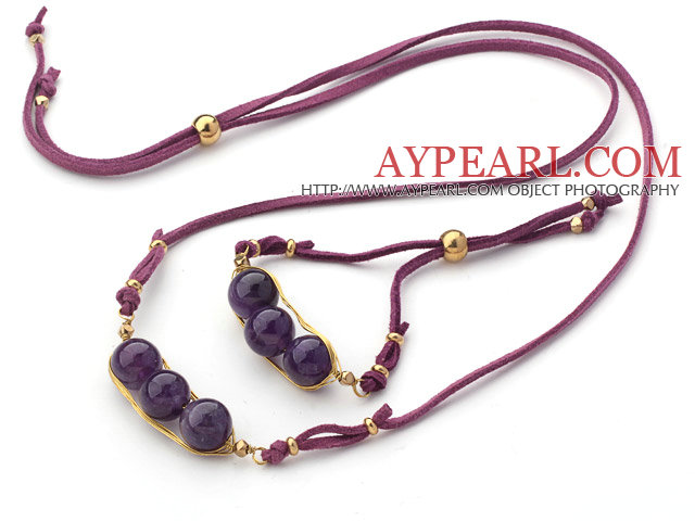 Purple Series Wire Wrapped Amethyst Pea Pendant Set with Purple Leather ( Necklace and Matched Bracelet)