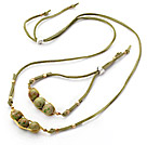 Wholesale Green Series Wire Wrapped Imperial Jasper Pea Pendant Set with Green Leather ( Necklace and Matched Bracelet)