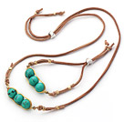 Green Series Wire Wrapped Turquoise Pea Pendant Set with Brown Leather ( Necklace and Matched Bracelet)