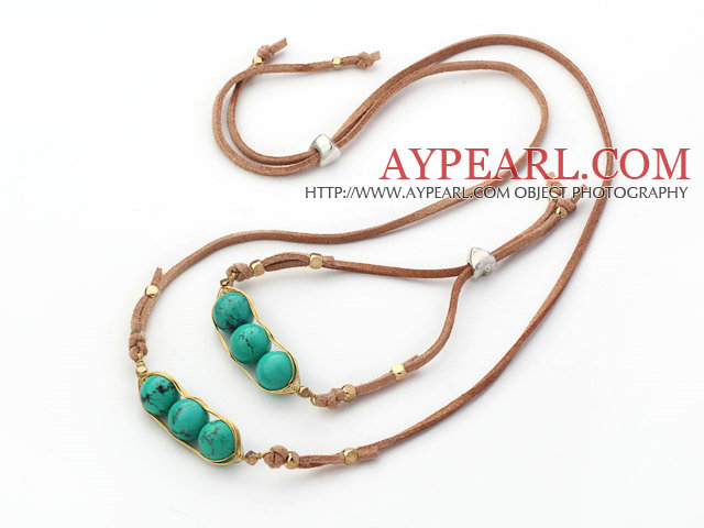 Green Series Wire Wrapped Turquoise Pea Pendant Set with Brown Leather ( Necklace and Matched Bracelet)