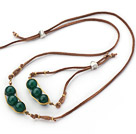 Green Series Wire Wrapped Dark Green Agate Pea Pendant Set with Brown Leather ( Necklace and Matched Bracelet)