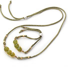 Yellow Green Series Wire Wrapped South Koread Jade Pea Pendant Set with Green Leather ( Necklace and Matched Bracelet)