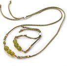 Wholesale Yellow Green Series Wire Wrapped South Koread Jade Pea Pendant Set with Green Leather ( Necklace and Matched Bracelet)