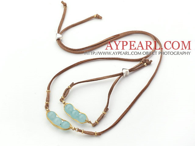 Light Blue Series Wire Wrapped Blue Jade Pea Pendant Set with Brown Leather( Necklace and Matched Bracelet )