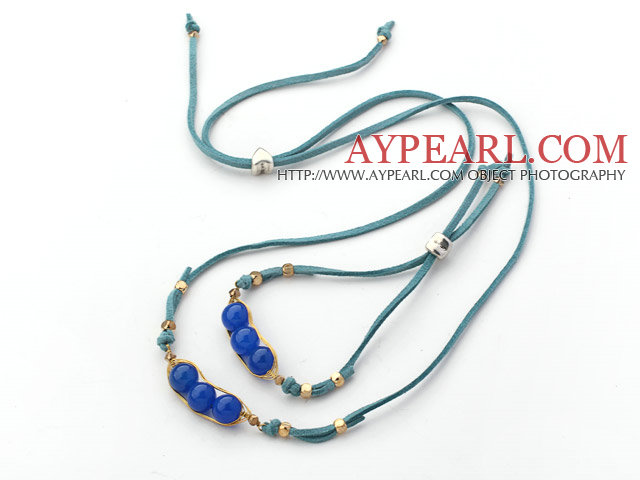 Dark Blue Series Wire Wrapped Dark Blue Agate Pea Pendant Set with Blue Leather( Necklace and Matched Bracelet )