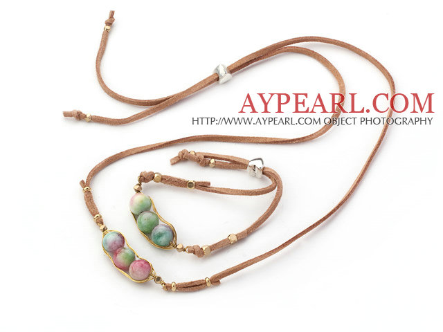 Wire Wrapped Vattenmelon Jasper Pea Pendant Set med brunt läder (Halsband och matchade Armband)