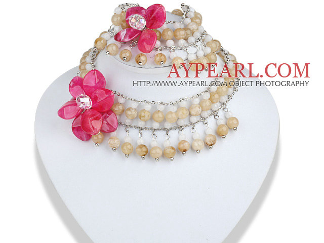 Weiß und Hellgelb Acryl und Acryl Pink Flower Set (Neckalce und Abgestimmte Armband)