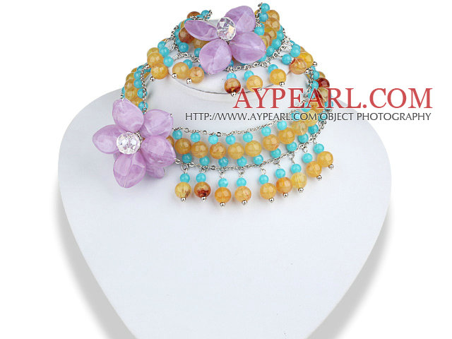 Sininen ja keltainen akryyli ja violetti akryyli kukka Set (neckalce ja Hyväksytty rannekoru)