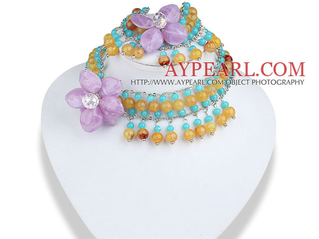 Blau und Gelb und Lila Acryl Acrylic Flower Set (Neckalce und Abgestimmte Armband)