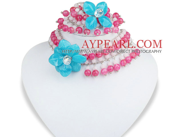Vaaleanpunainen ja valkoinen akryyli ja sininen akryyli kukka Set (neckalce ja Hyväksytty rannekoru)