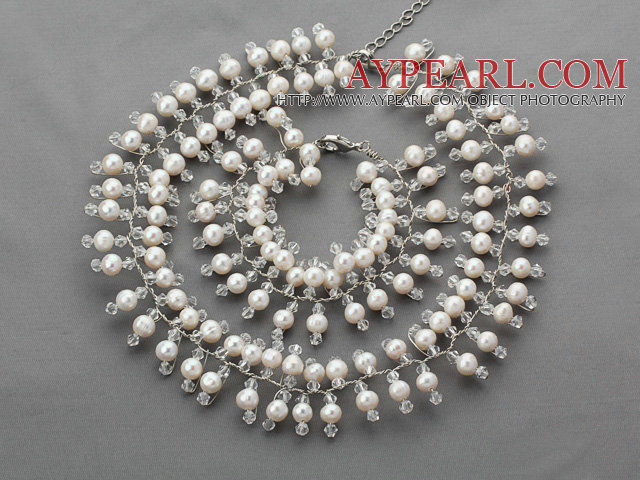 2013 Summer New Design White Freshwater Pearl and Clear Crystal Bridal Set( Necklace and Matched Bracelet)