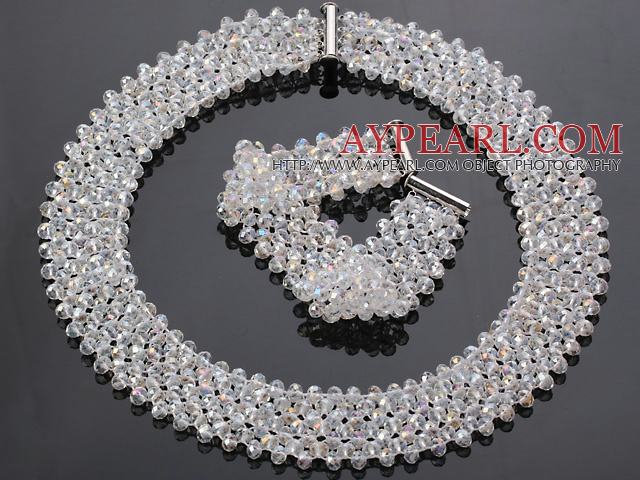 Fashion Multi Strands White AB Color Manmade Crystal Sets (Netted Necklace With Matched Bracelet)