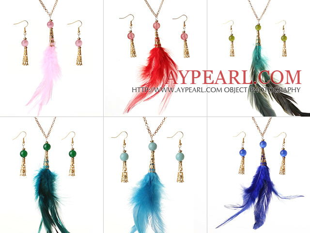 6 Sets New Fashion Style Multi Color Feather Pendant Necklace with Matched Earrings