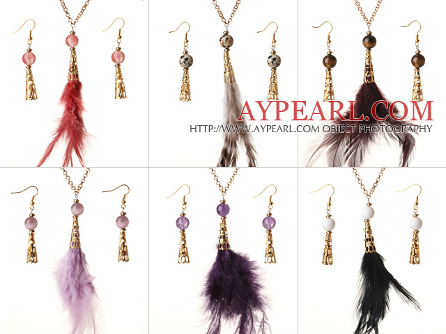 6 Sets New Fashion Style Multi Color Crystal Feather Pendant Necklace with Matched Earrings