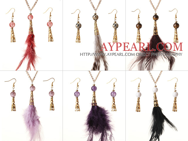 6 Ställer New Fashion Style Multi Color Crystal Feather hängande halsband med matchande örhängen 