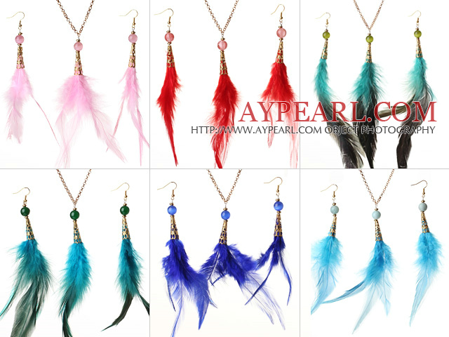 6 Sets Beautiful Multi Color Feather Pendant Necklace with Matched Earrings